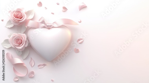 Delicate White Heart Surrounded by Pink Roses and Petals on a Soft Background for Romantic Occasions
