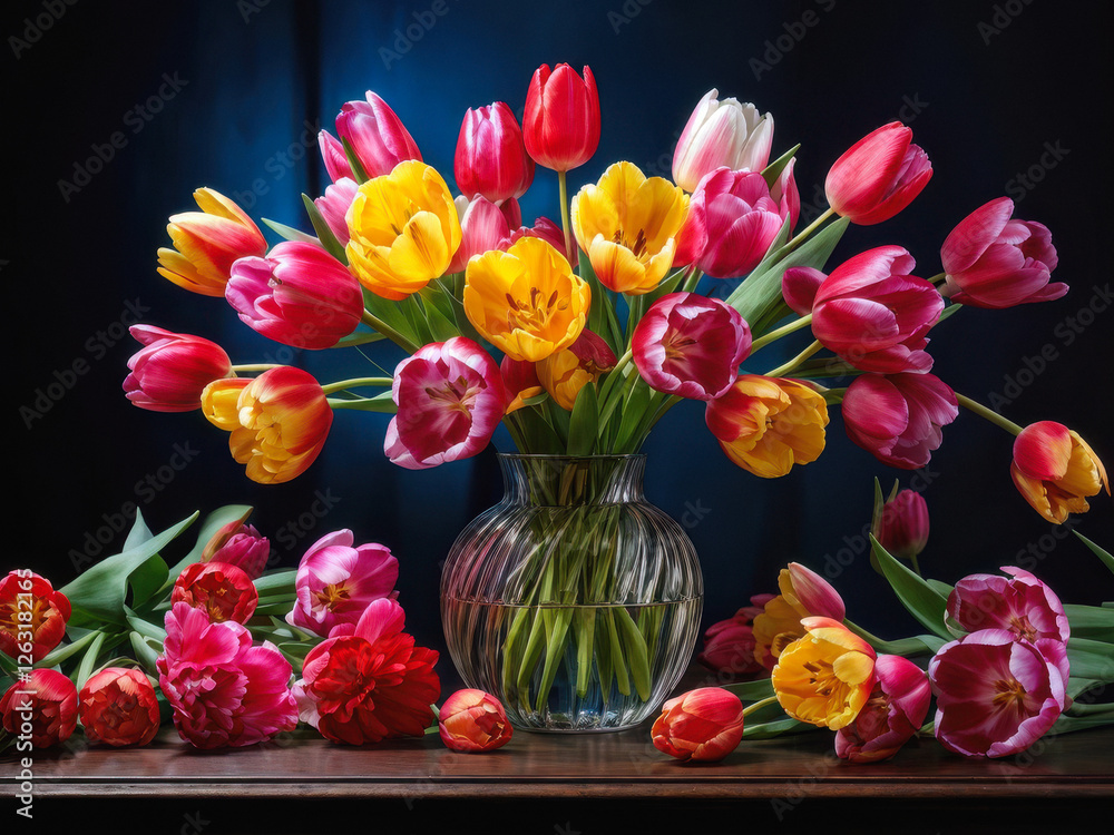 Obraz premium A stunning arrangement of vibrant tulips in a glass vase, set against a dark backdrop. The rich colors and delicate petals create a timeless floral masterpiece. Generative AI