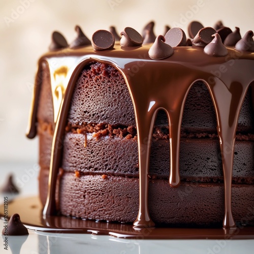 Decadent full frame closeup of rich, velvety melted chocolate glaze oozing down a moist cake, creating a sumptuous, indulgent dessert background., close-up of a cupcake drizzled with chocolate icing.