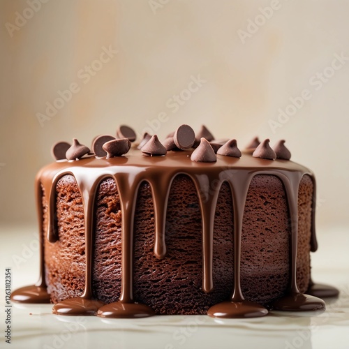 Delicious Chocolate Cake with Sprinkles and Drizzle, close up of chocolate cake, Pouring chocolate dripping from cake top chocolate streams isolated on transparent background.