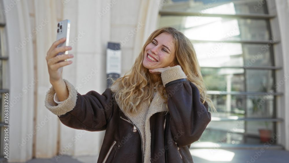Fototapeta premium Woman smiling, taking selfie with smartphone on urban street, showcasing vibrant, youthful energy in city environment.