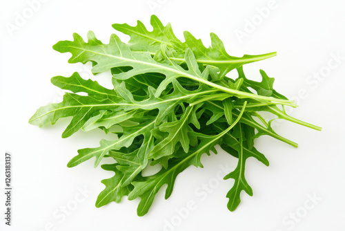 Fresh arugula leaves arranged on a white background for culinary presentation. isolated on white background.