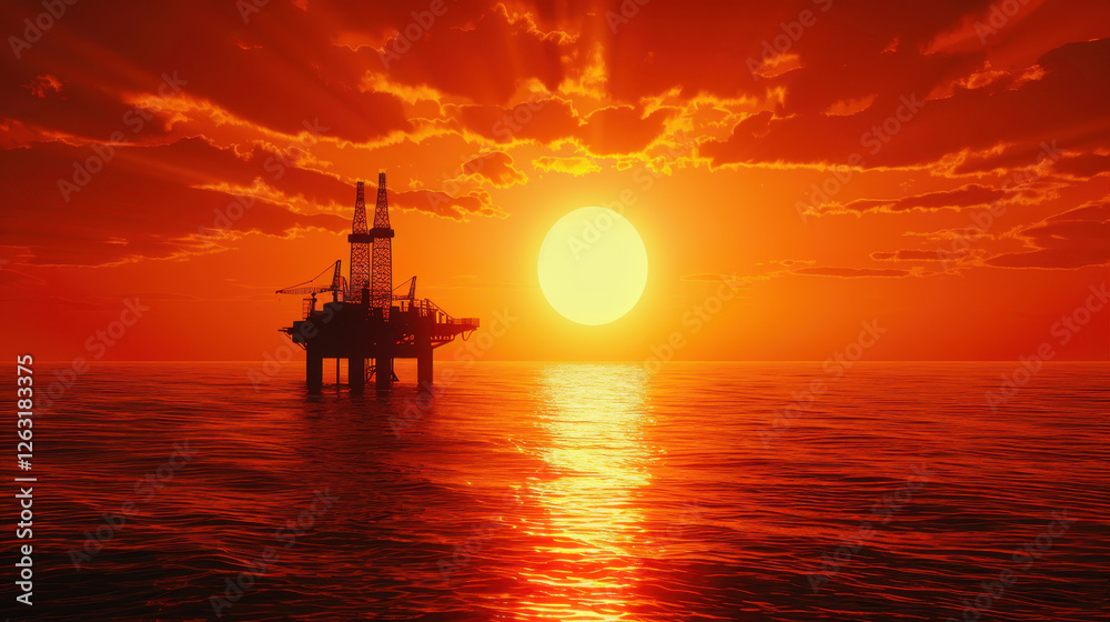 Fototapeta premium Dramatic sunset over offshore drilling platform in calm ocean waters