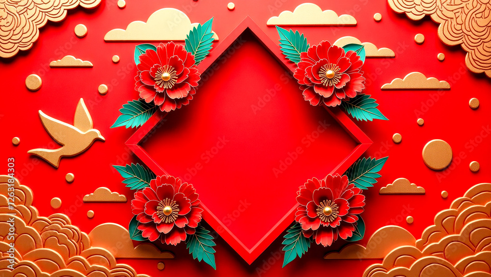 Fototapeta premium four red flowers with gold accents on red background