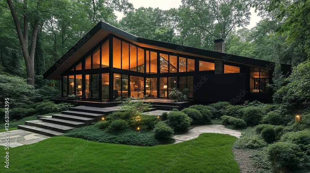 A modern house with large windows and a sloping roof sits on a forested hillside. A modern house with large windows and a sloping roof sits on a forested hillside.