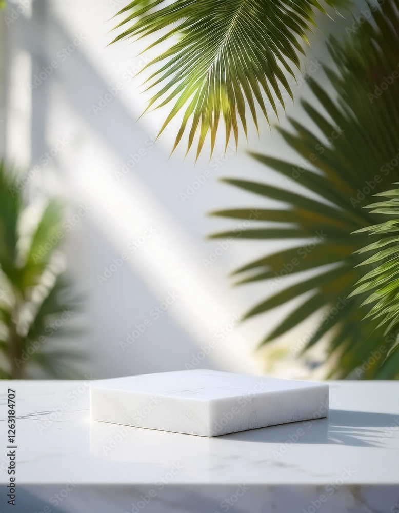 Fototapeta premium Minimalist white stone countertop with tropical palm tree shadows, creating a fresh summer aesthetic, perfect for product display in a modern, serene setting
