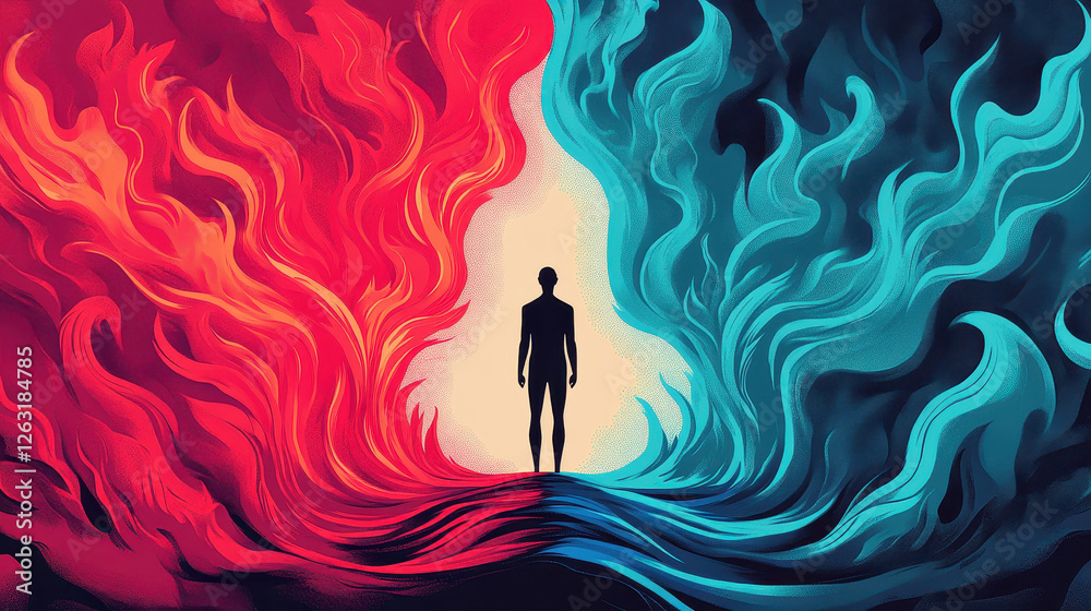 custom made wallpaper toronto digitalSilhouette stands amidst vibrant colors representing duality of emotions and conflict.