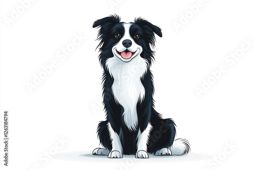 Smiling cartoon border collie with fluffy black and white fur on a white background. isolated on white background.