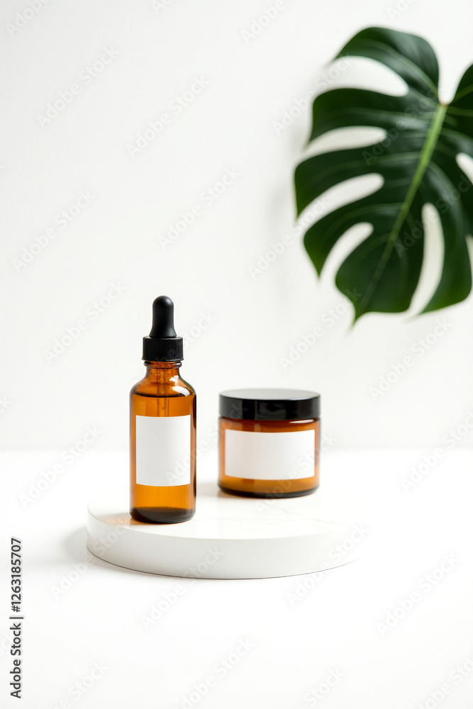 amber glass bottles with blank labels on white pedestal amber glass bottles with blank labels on white pedestal