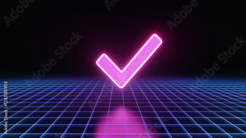 Vibrant neon check mark glowing against a dark grid background in retro style.
