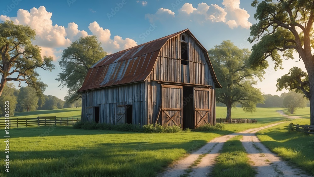 Fototapeta premium Serenity of a rustic barn amidst green fields and lush trees in the morning light