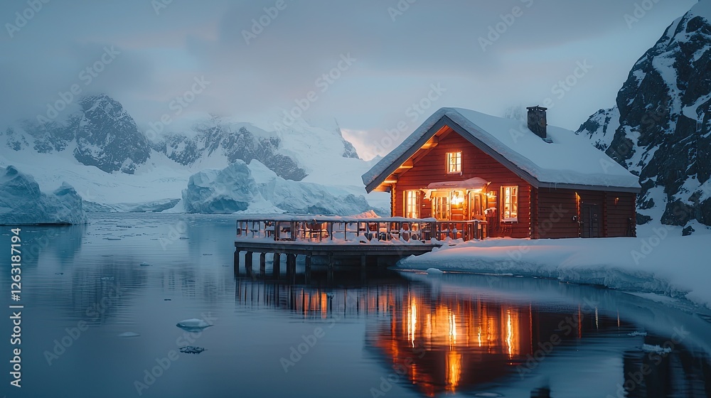 Fototapeta premium Illuminated Cabin on a Frozen Antarctic Lake