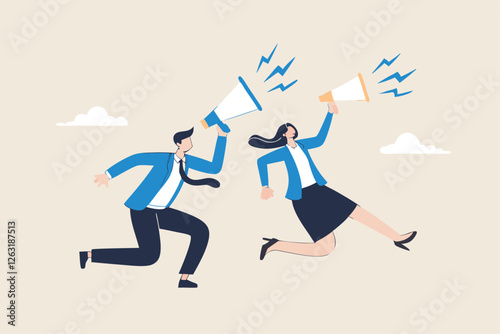 Communicate message, announce job vacancy for hiring, shouting promotion or company communication, warning alert or beware or important message concept, businessman and woman shouting on megaphone.