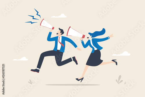 Communicate message, announce job vacancy for hiring, shouting promotion or company communication, warning alert or beware or important message concept, businessman and woman shouting on megaphone.
