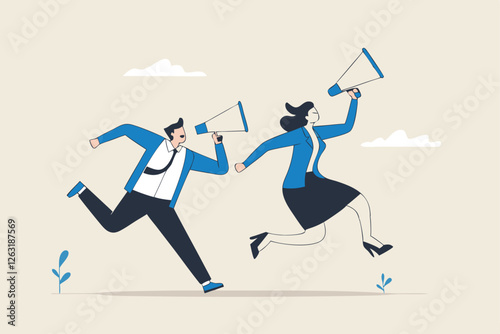 Communicate message, announce job vacancy for hiring, shouting promotion or company communication, warning alert or beware or important message concept, businessman and woman shouting on megaphone.