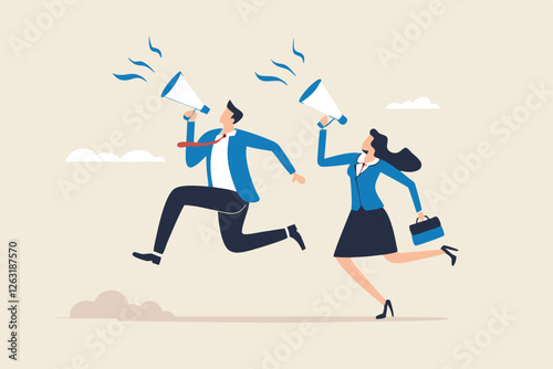 Communicate message, announce job vacancy for hiring, shouting promotion or company communication, warning alert or beware or important message concept, businessman and woman shouting on megaphone.