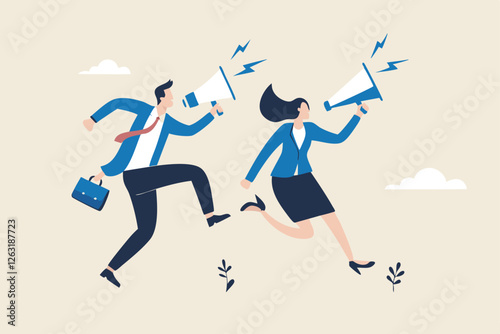 Communicate message, announce job vacancy for hiring, shouting promotion or company communication, warning alert or beware or important message concept, businessman and woman shouting on megaphone.