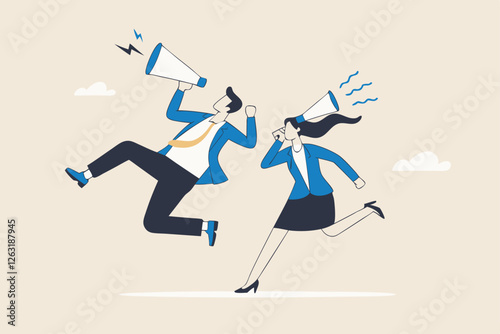 Communicate message, announce job vacancy for hiring, shouting promotion or company communication, warning alert or beware or important message concept, businessman and woman shouting on megaphone.