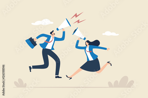Communicate message, announce job vacancy for hiring, shouting promotion or company communication, warning alert or beware or important message concept, businessman and woman shouting on megaphone.