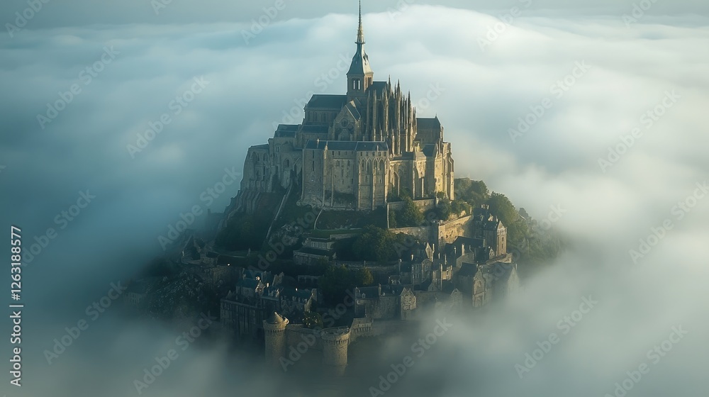 Fototapeta premium Mont Saint Michel Abbey Enveloped In Misty Clouds