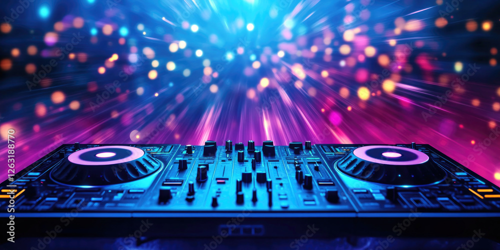 Obraz premium Vibrant abstract background featuring dj equipment and dynamic light effects for music event design