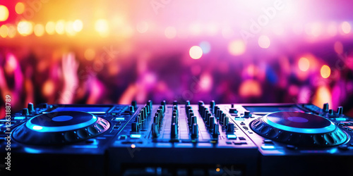 Vibrant dj mixer scene in club setting for music events and nightlife design