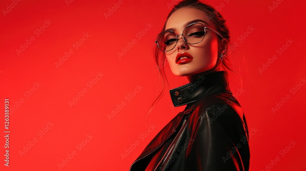 Model in Bold Leather Jacket Posing on Red Stage Model in Bold Leather Jacket Posing on Red Stage
