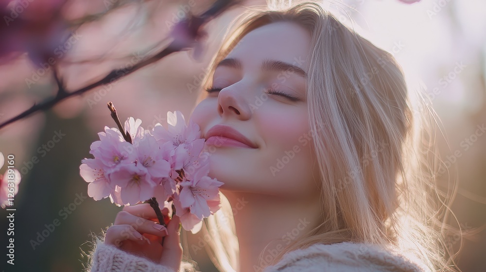 Fototapeta premium Blonde Woman Holding Pink Sakura Flowers Outdoors