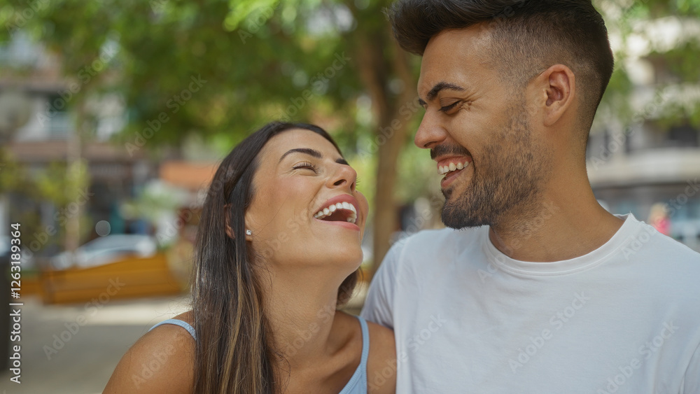 Man and woman laughing together in an urban park, showcasing a joyful relationship and beautiful connection outdoors. Man and woman laughing together in an urban park, showcasing a joyful relationship and beautiful connection outdoors.