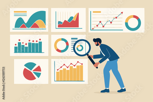 Analysis report research result, chart and diagram dashboard, financial graph statistics, analyze data, SEO or optimization concept, businessman with magnifying glass analyze research chart and graph.