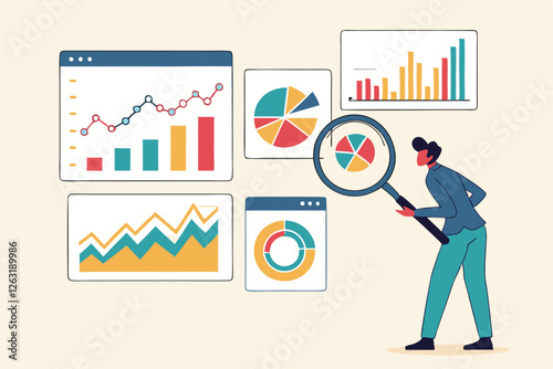 Analysis report research result, chart and diagram dashboard, financial graph statistics, analyze data, SEO or optimization concept, businessman with magnifying glass analyze research chart and graph.