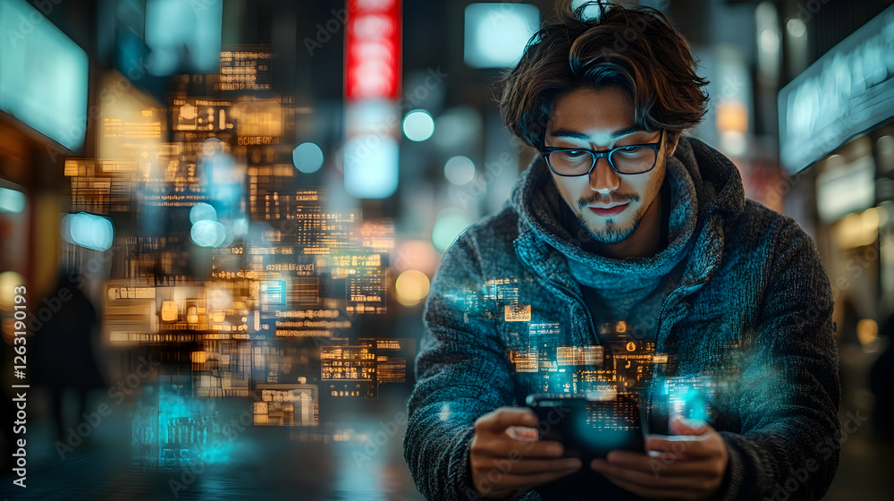 Man using phone, night city, data overlay, urban technology, website design Man using phone, night city, data overlay, urban technology, website design