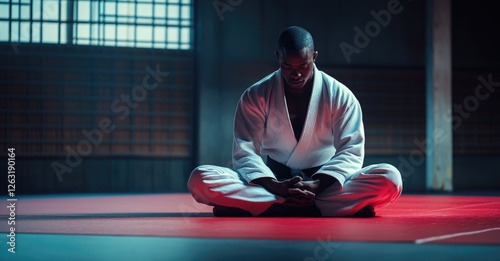 Athletic African American male judoka wearing a white outfit with a black belt, sitting on a red mat. photo