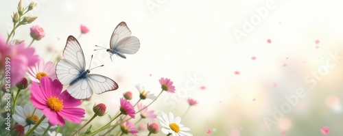 Delicate white butterflies flutter around vibrant wildflowers on a pristine white background , petal, vibrant