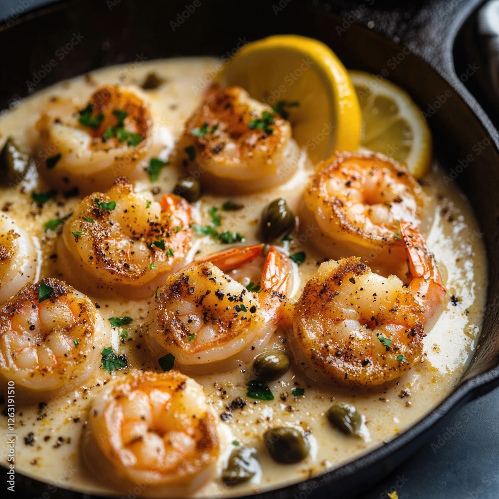 Crispy shrimp with a creamy lemon Parmesan sauce in a cast-iron pan. Crispy shrimp with a creamy lemon Parmesan sauce in a cast-iron pan.
