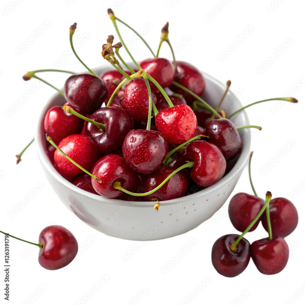 Bowl full of cherries isolated on transparent background Bowl full of cherries isolated on transparent background