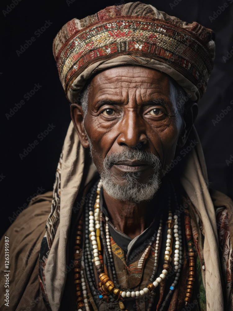 Distinguished portrait of an elderly man in regal traditional attire, reflecting dignity and heritage. generative AI Distinguished portrait of an elderly man in regal traditional attire, reflecting dignity and heritage. generative AI