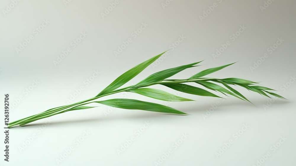 Fototapeta premium Green plant sprig with slender leaves rests on white background