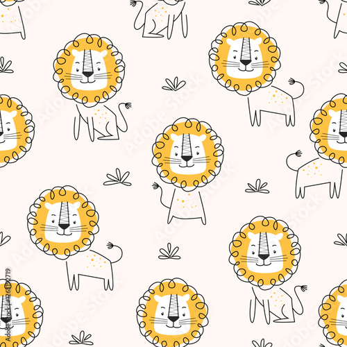 Cute lion childish seamless pattern suitable for wrapping paper, t-shirt, printing, packaging, fabric, postcard, clothing and others