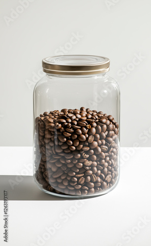  A jar filled with high-quality roasted coffee beans, sealed for freshness, perfect for coffee brewing enthusiasts.