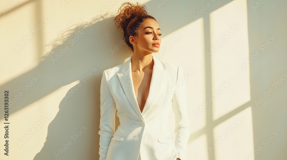 Confident Woman in Chic White Suit with Neutral Background Confident Woman in Chic White Suit with Neutral Background