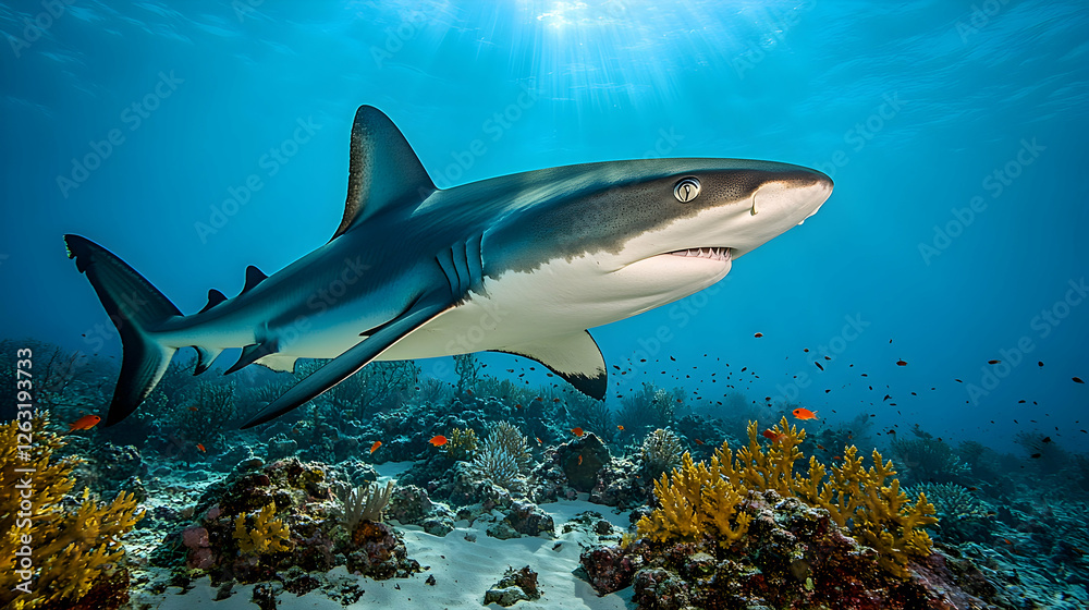 Ocean shark swimming coral reef sunlit background underwater wildlife nature Ocean shark swimming coral reef sunlit background underwater wildlife nature