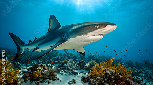 Ocean shark swimming coral reef sunlit background underwater wildlife nature