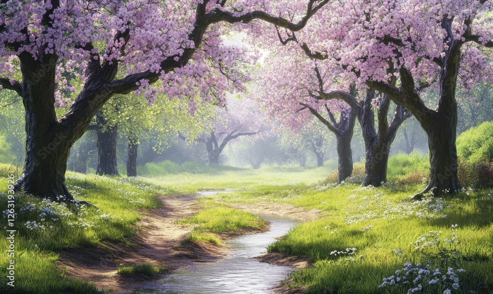Spring Cherry Blossom Forest Path, serene, peaceful Spring Cherry Blossom Forest Path, serene, peaceful