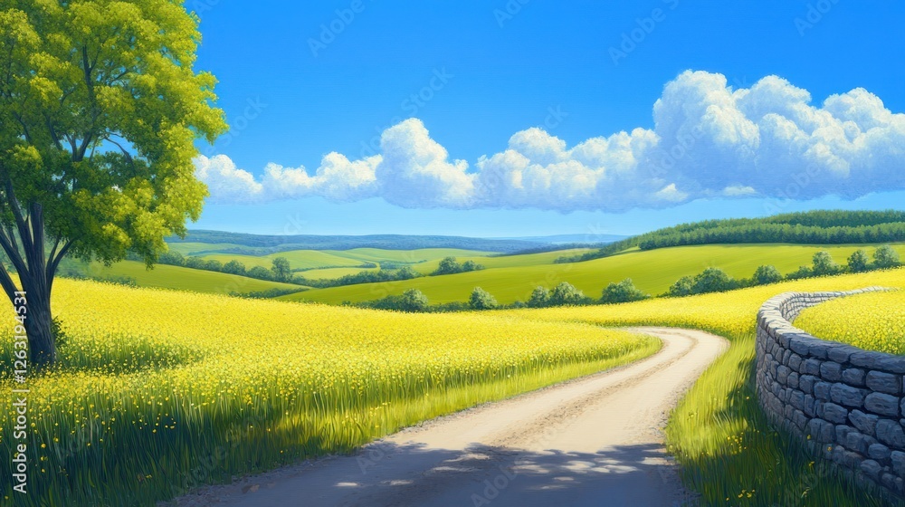 Obraz premium Sunny rural road winding through yellow fields