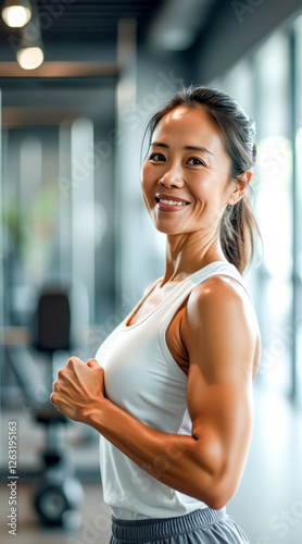 Free Download smiling athletic woman flexing her biceps in a gym - GFXLoad