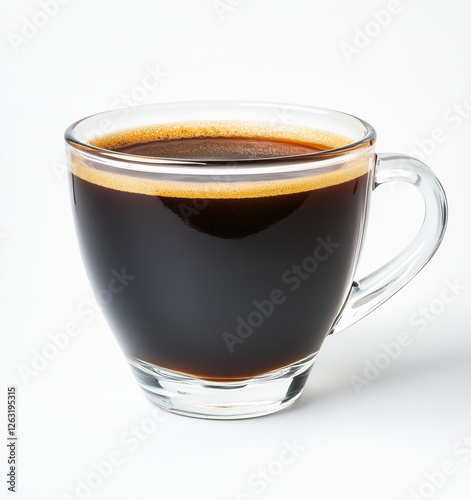 A freshly brewed cup of espresso in a clear glass, with a rich and aromatic dark coffee topped with a smooth layer of foam. Perfect for coffee enthusiasts.