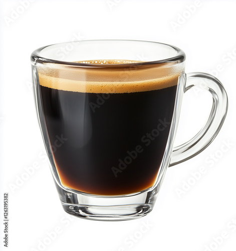 A freshly brewed cup of espresso in a clear glass, with a rich and aromatic dark coffee topped with a smooth layer of foam. Perfect for coffee enthusiasts.