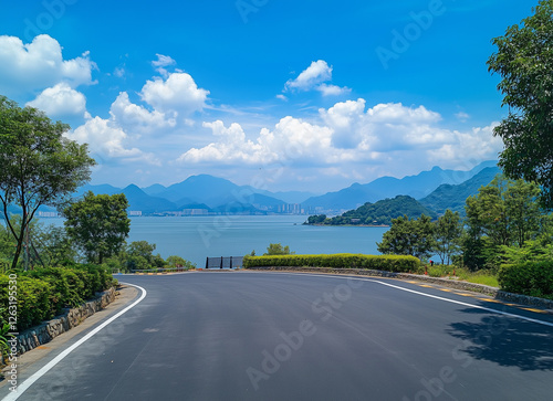 A scenic road stretching towards the horizon, bordered by lush green hills and a peaceful lake, under a bright blue sky, inviting a serene road trip in the countryside