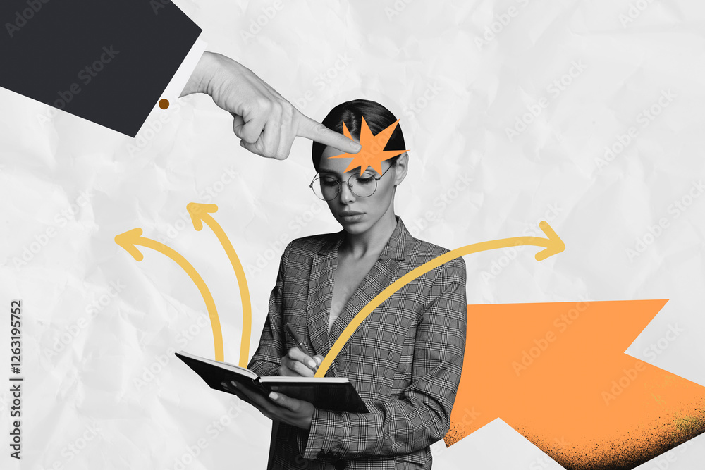 © deagreez - Composite art 3d creative image collage of serious businesswoman hold planner write pen idea boss hand index control dictatorship arrow